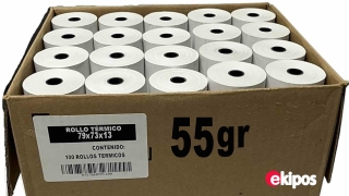 Rollos de papel térmico en blanco  para impresoras POS  de escritorio 79mm ancho 75mm diametro 13mm buje  55gr - Caja de 100 Unidades                  